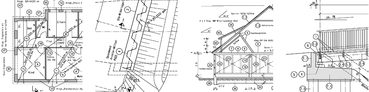 Verschiedene Pläne unterschiedlicher Bauvorhaben zur Verdeutlichung des Leistungsspektrums